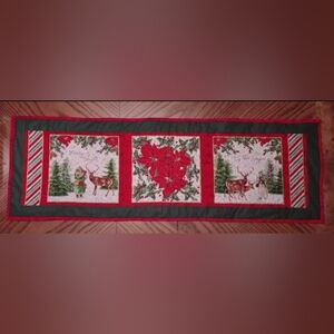 NEW and Handmade! Christmas Table Runner - Poinsettias and Reindeer - 15 X 46 In